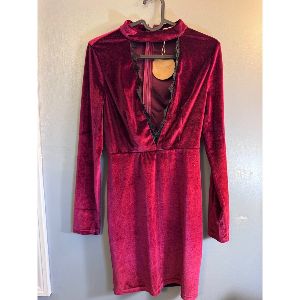 Essue Burgundy Velvet Mock Neck Lace Trim Keyhole Mini Dress Small NEW